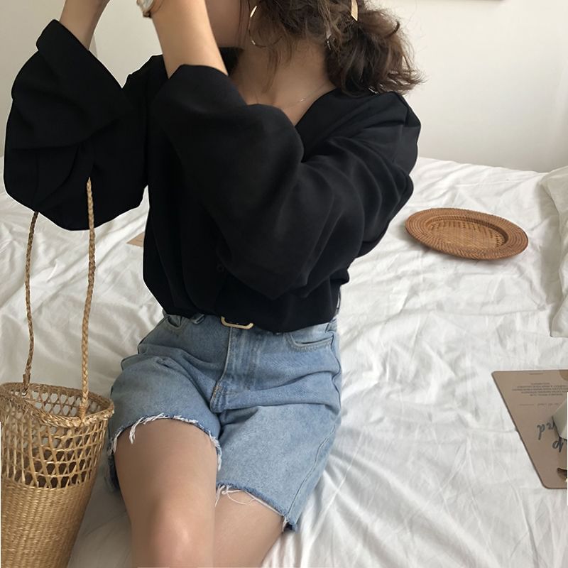 Alfie - Blouse van effen chiffon met lange mouwen en V-hals