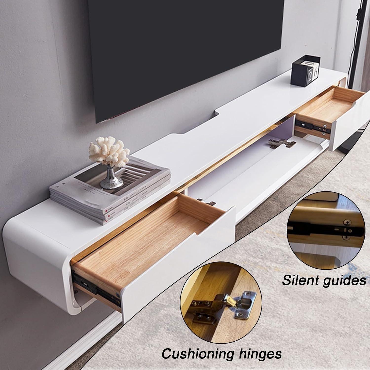 Massivholz TV Lowboard Hängend, TV Schrank hängend mit 2 Schubladen TV Board hängend Hängeschrank Wandregal komplett montiert (schwarz, 180cm)