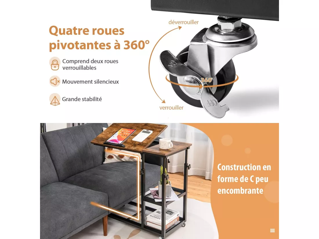 Table d’appoint en forme de c, plateau réglable, roulettes verrouillables, brun