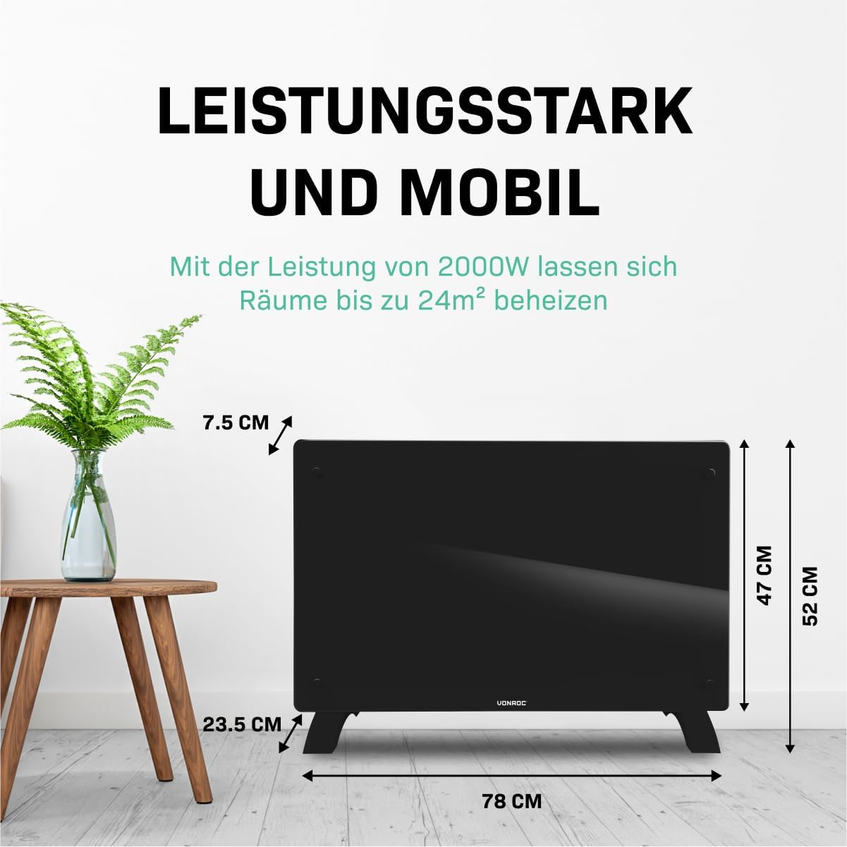 VONROC Elektroheizung energiesparend 2000W - Konvektor Heizung [24qm Räume] - Mobile Elektrische Heizung [App/Touch Steuerung] - Heizkörper 2in1 Wand-/Bodenmontage - Schwarz