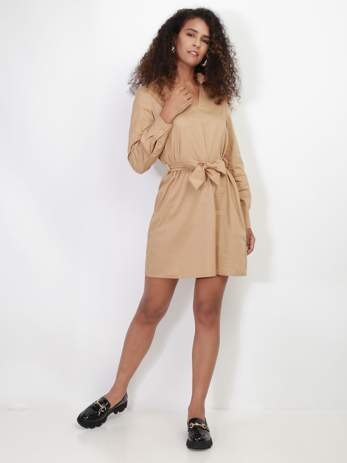Robe chemisier à nouer- Camel