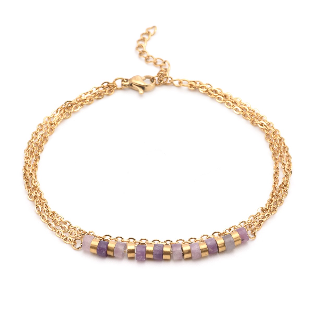 Sixty Stones - 60 - Chaîne De Cheville Triple Chaine Doré Et Pierre Heishi Amethyste - 25 X 0,4 Cm-