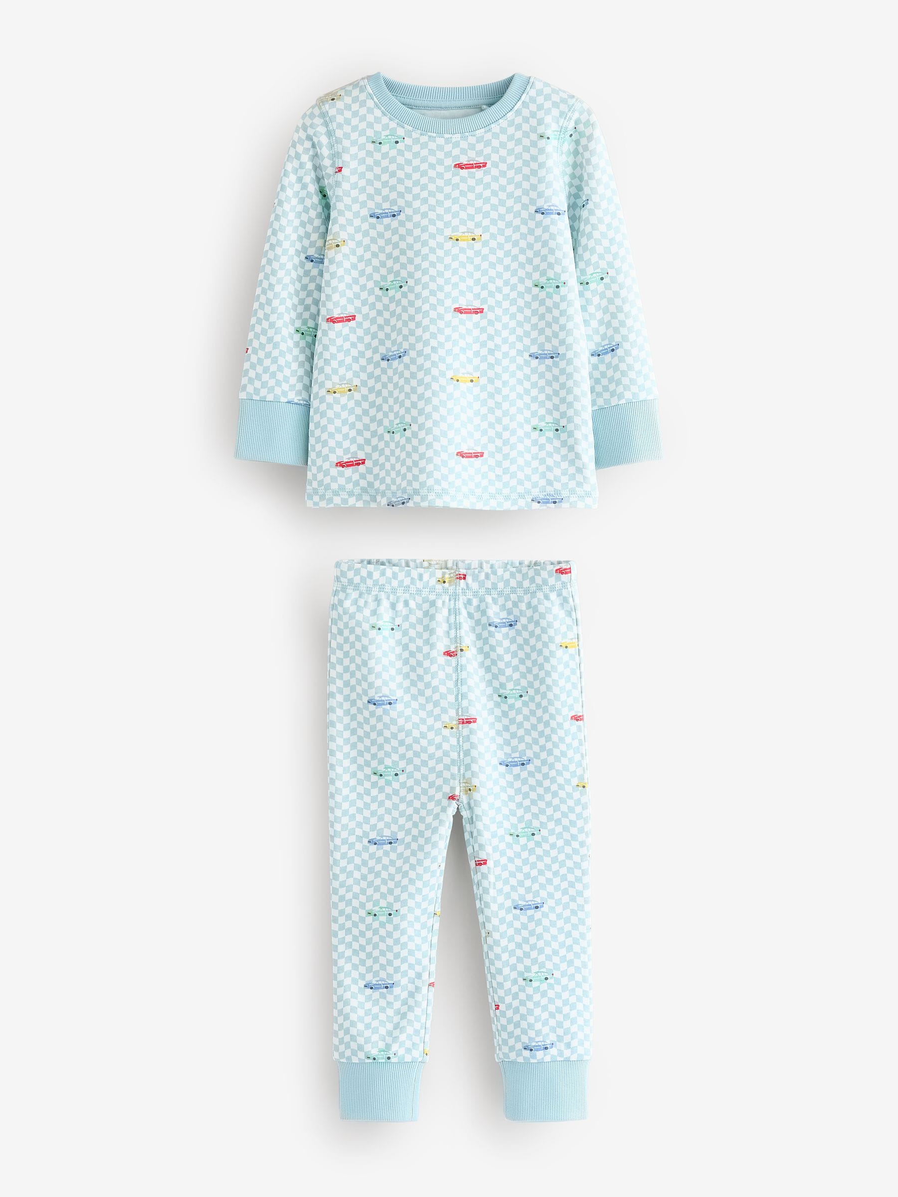 Blauw/wit met auto's - Verpakking van 3 knusse pyjama's