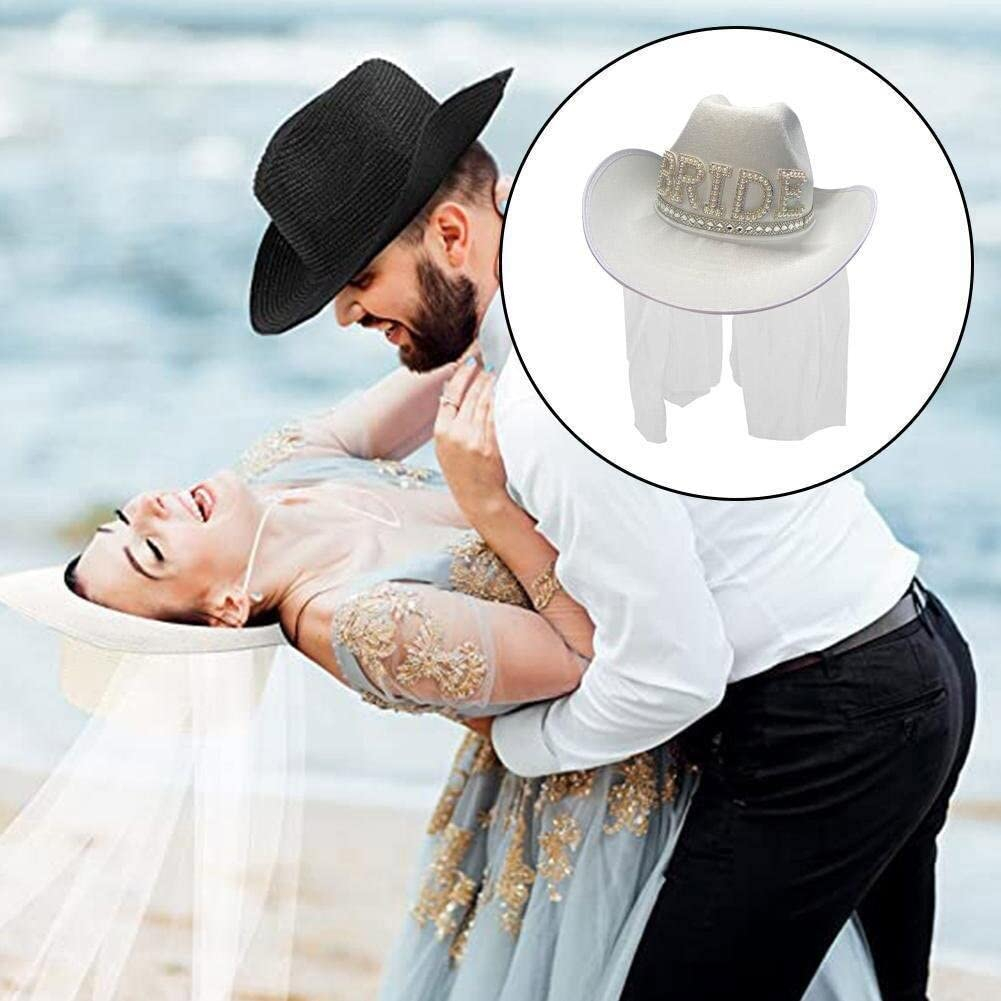 (39.5x30x15cm) Bride Cowgirl Hut Junggesellinnenabschied Party Accessoire mit Schleier - Weiss