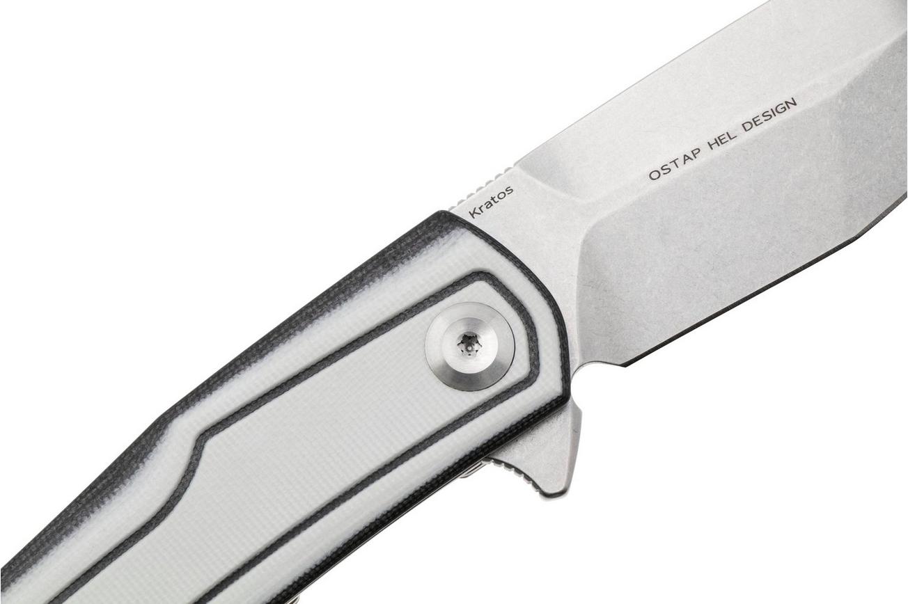 Tenable Knives Kratos T1024A5 Stonewashed Nitro-V, White Black G10, zakmes, Ostap Hel design