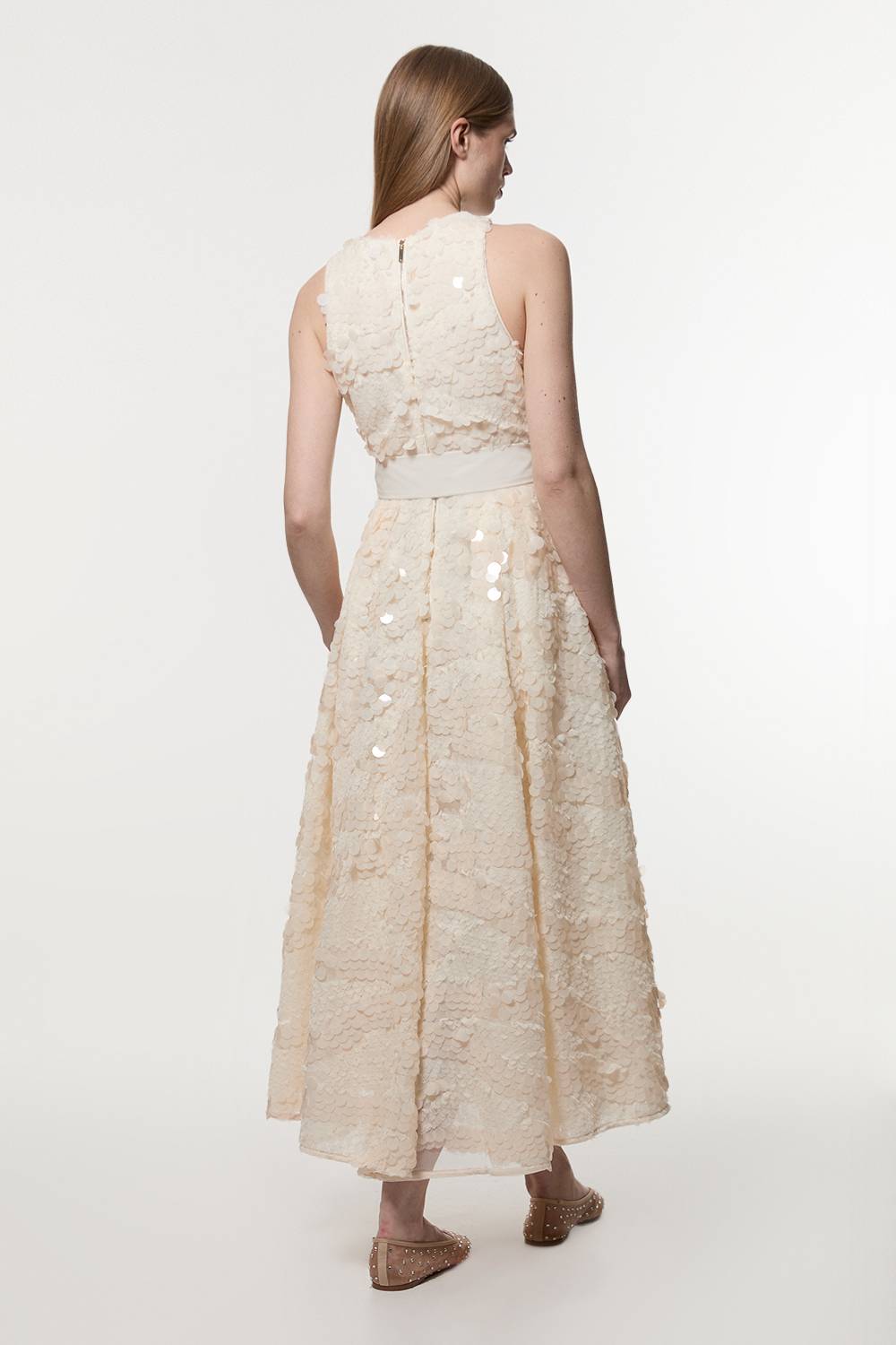 KarenMillen Robe de bal maxi texturée à sequins floraux, ceinturée et nouée