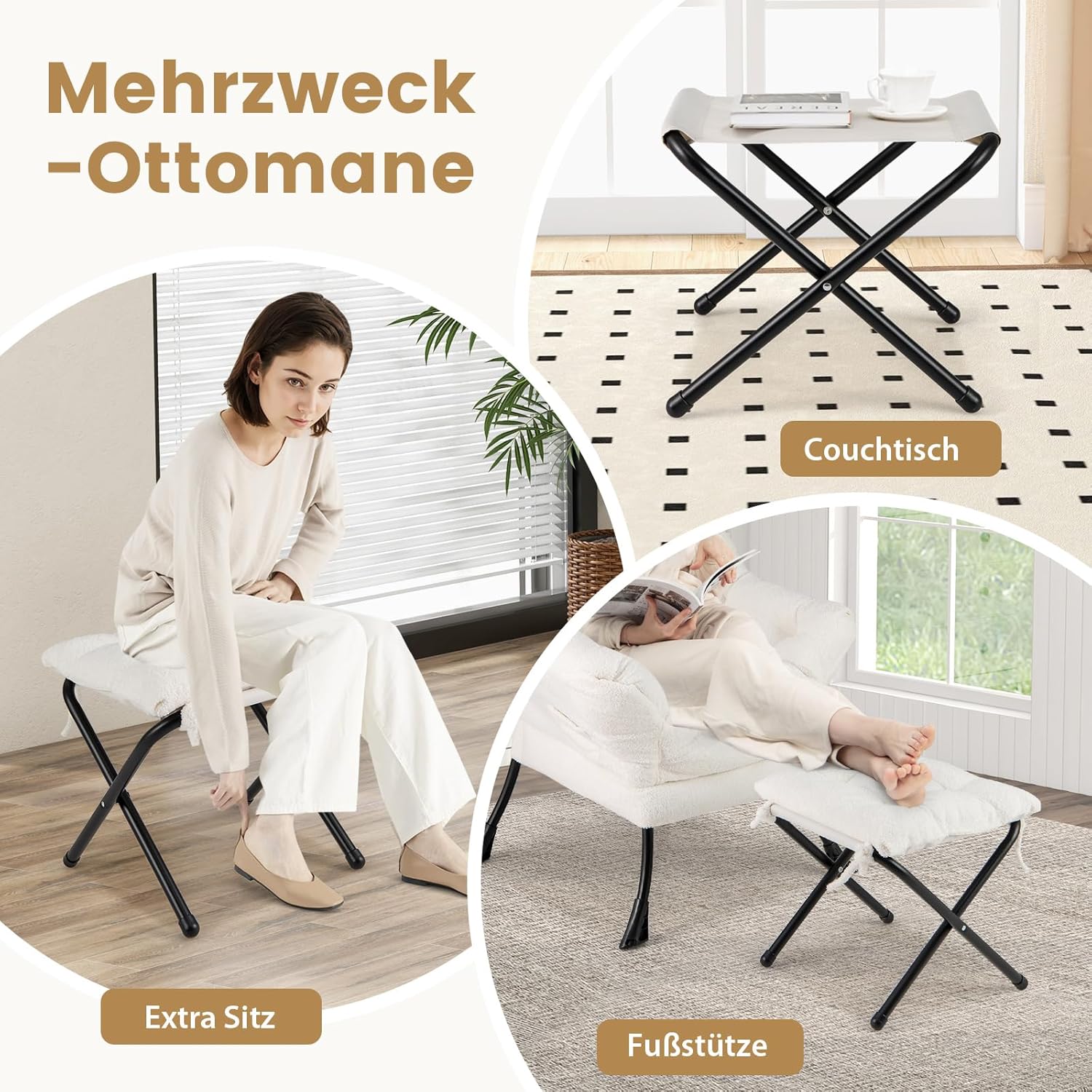 COSTWAY Sessel mit Hocker, Relaxsessel mit Armlehnen, Seitentasche & Fußstütze, Loungesessel, Fernsehsessel, gepolsterter Ohrensessel für Wohnzimmer, Schlafzimmer, Büro (Beige)
