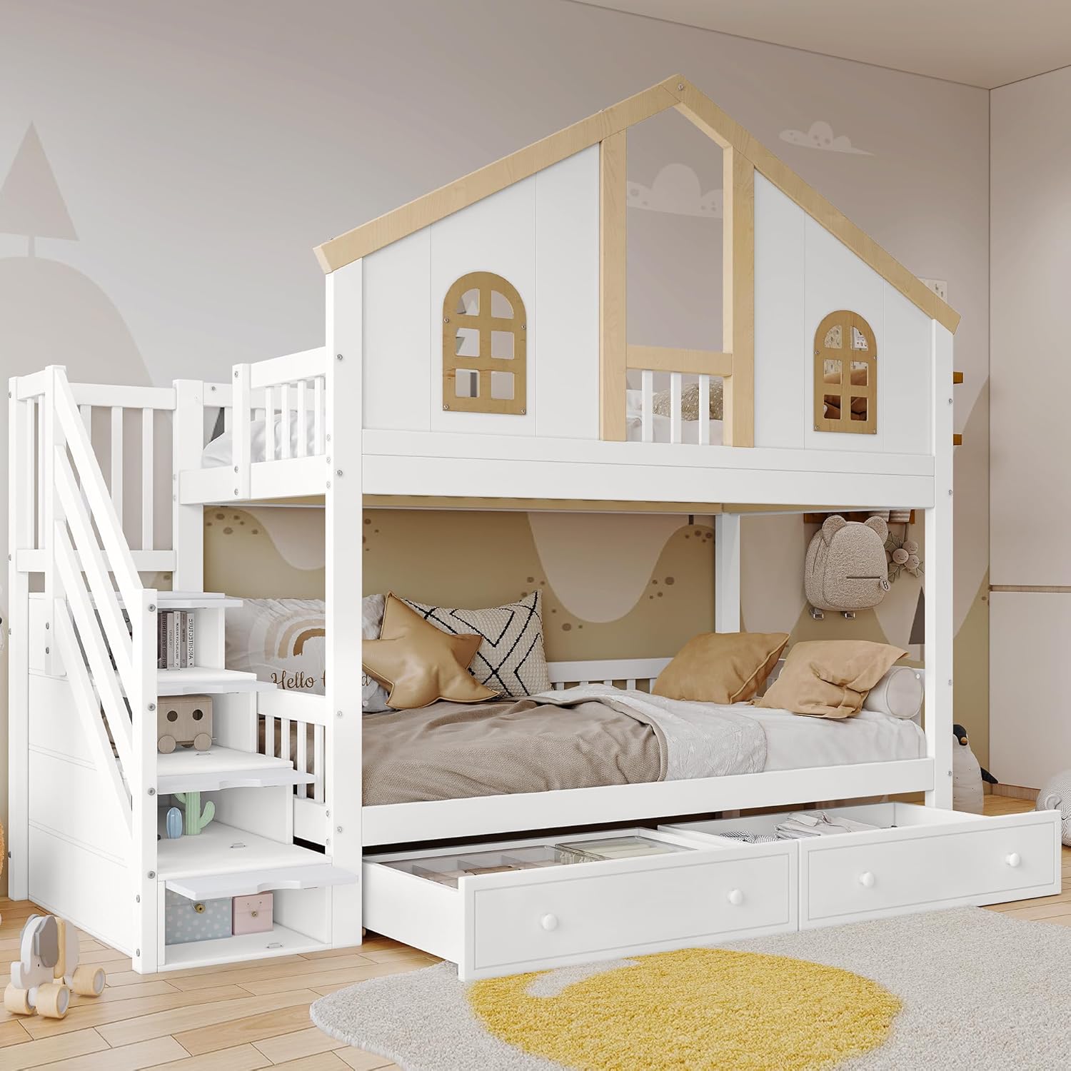 Kinderbett 90x200 cm, Etagenbett mit 2 Schubladen, Treppe mit 4 Ablagefächern, Stockbett für 2 Kinder, Holzbett mit Fenster Fallschutzgitter, Weiß+Natur, ohne Matratze