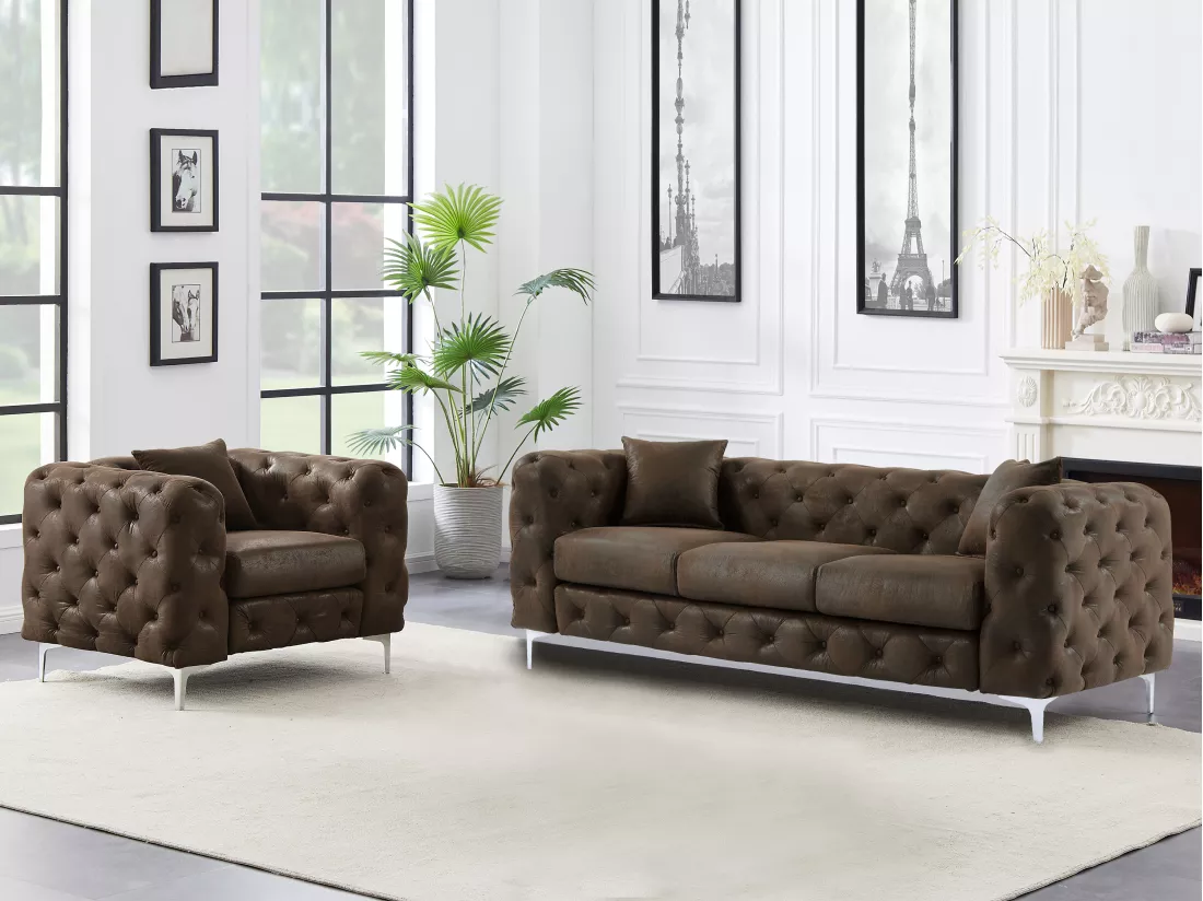 Canapé 3 places et fauteuil chesterfield en microfibre aspect cuir vieilli EDWINA