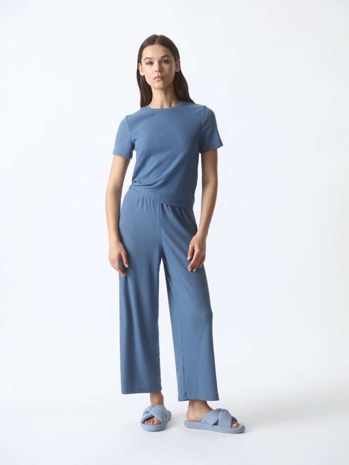Calça de pijama canelada - Azul Petróleo