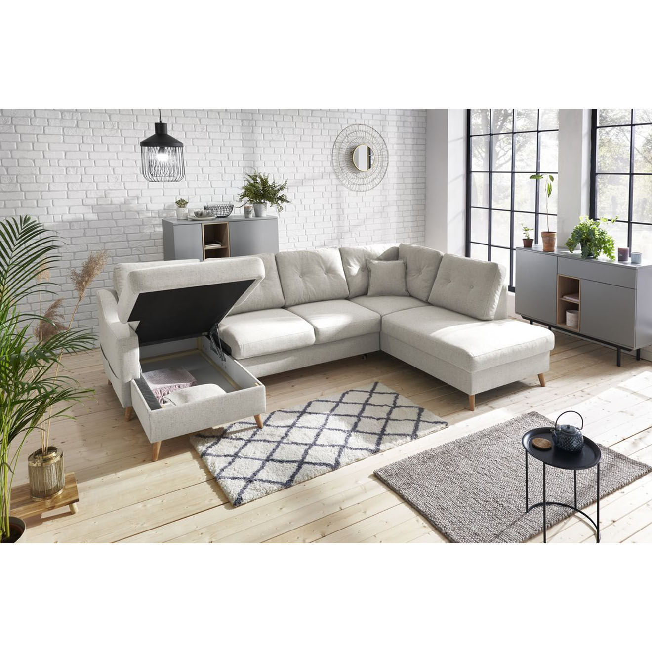 Bobochic Canapé d'angle panoramique convertible gauche Sweden lin beige - 300x149/90/198x95 cm
