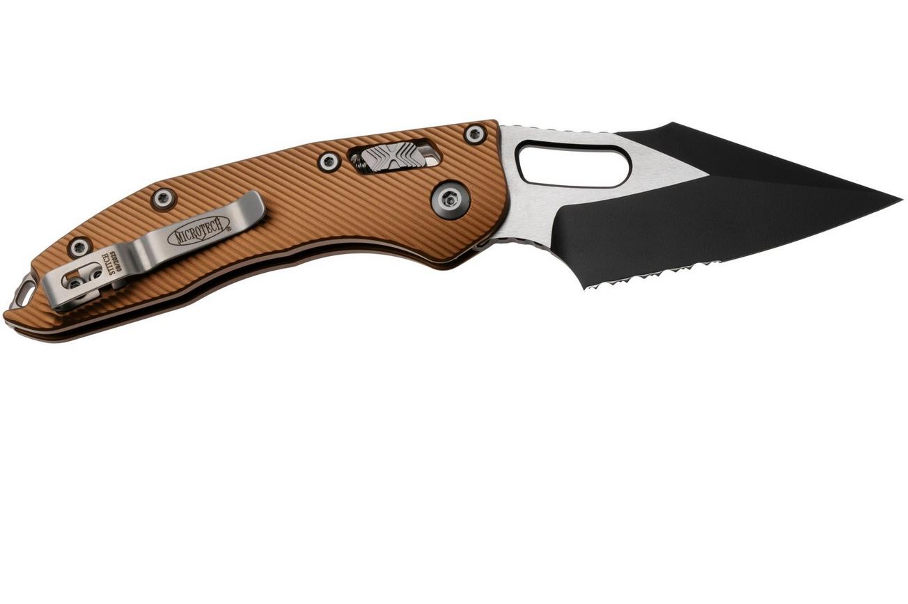 Microtech Stitch 169RL-2FLTA, Black Two Tone M390MK, Fluted Tan Aluminum, partial serrated zakmes, Borka Blades design