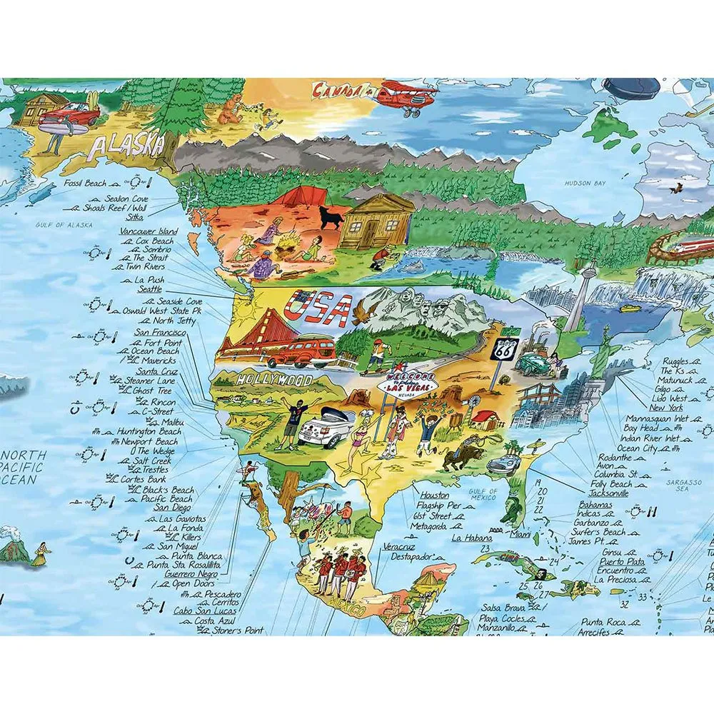 Mapa incrível da Surftrip: Melhores praias de surf do mundo - Edição original colorida.