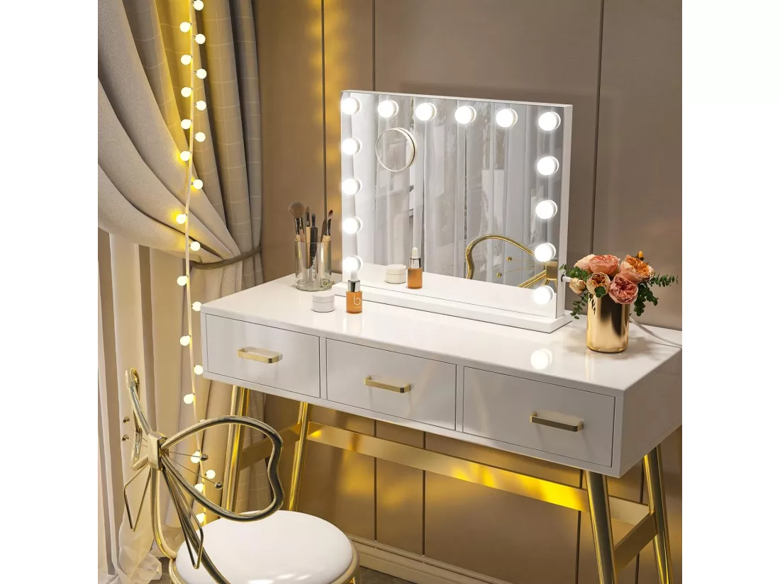 Miroir Maquillage Lumineux,Miroir LED 14 Lumières Miroir Hollywood Miroir Coiffeuse Contrôle Tactile Miroir Lumineux 3 Modes Luminosité Réglable 50x42cm - Blanc