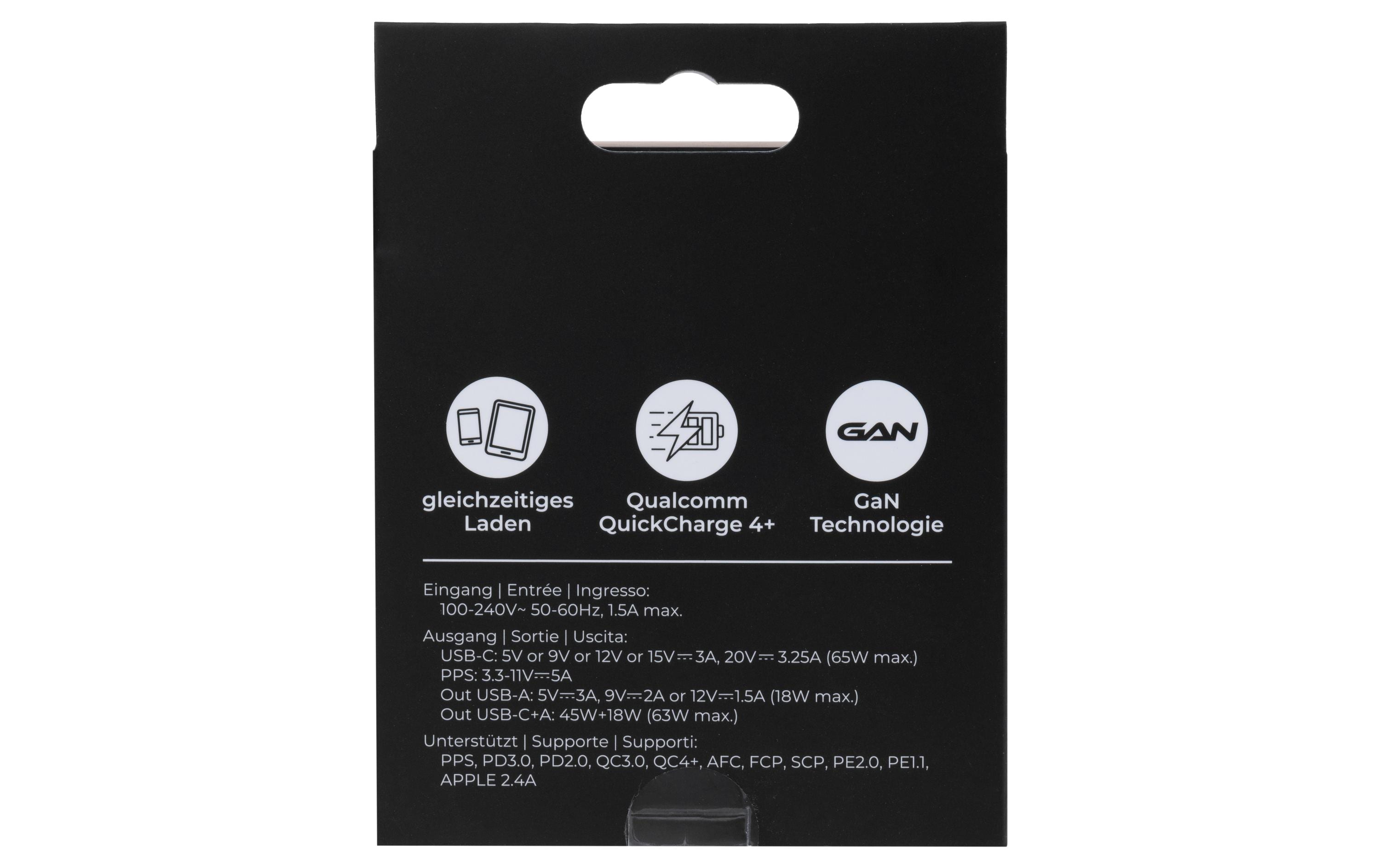 USB-Wandladegerät Dual QC4+ 65 W GaN SchwarzLadeadapter mit einem USB-C- und einem USB-A-Port