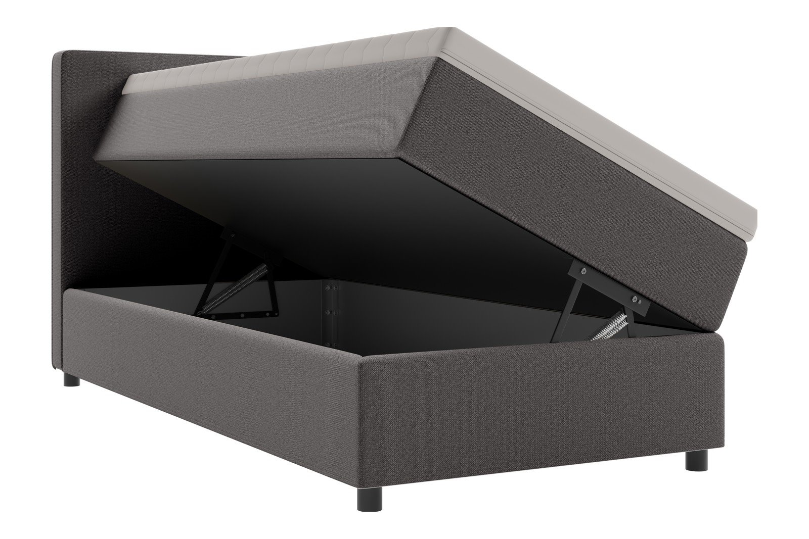 Premium 10 oppbevaringsseng 90x200 cm Magasinseng med oppbevaring, åpnes fra siden. I tekstil storm 97 grå, med medium fasthetsgrad og premium 10 overmadrass, Sorte ben. Sengegavl selges separat.