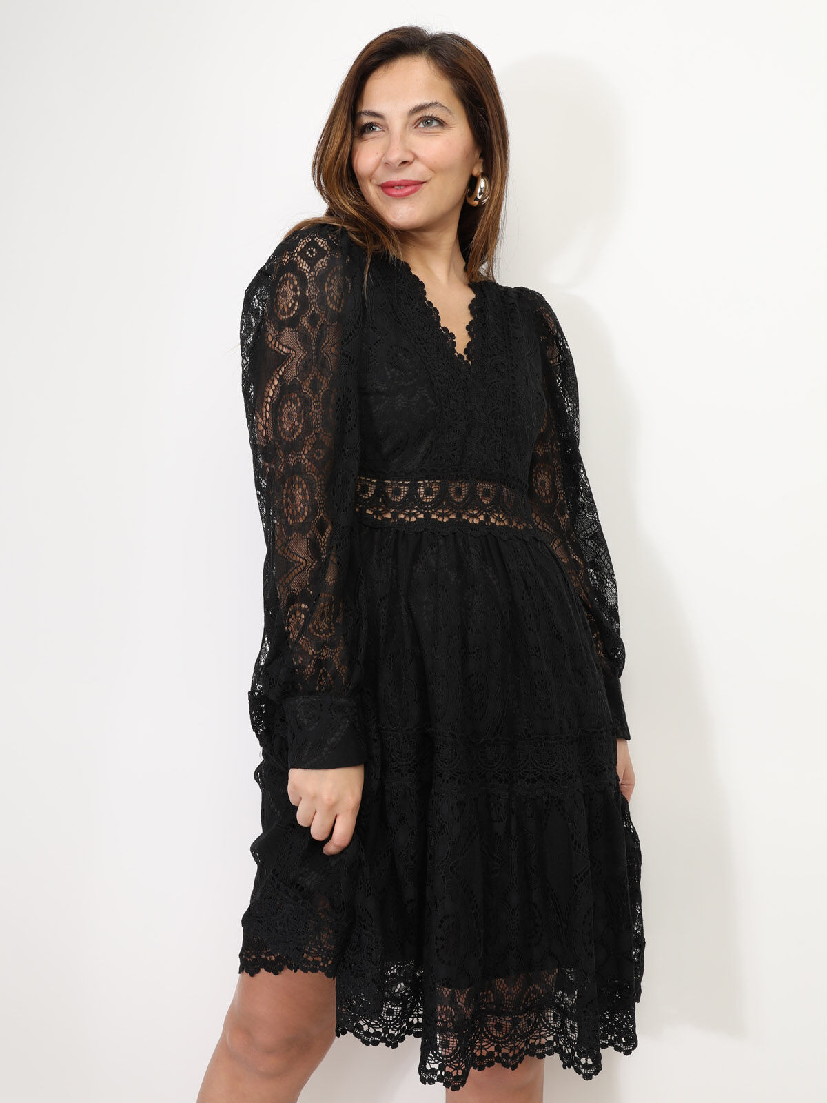 Robe chemisier en dentelle et crochet- Noir