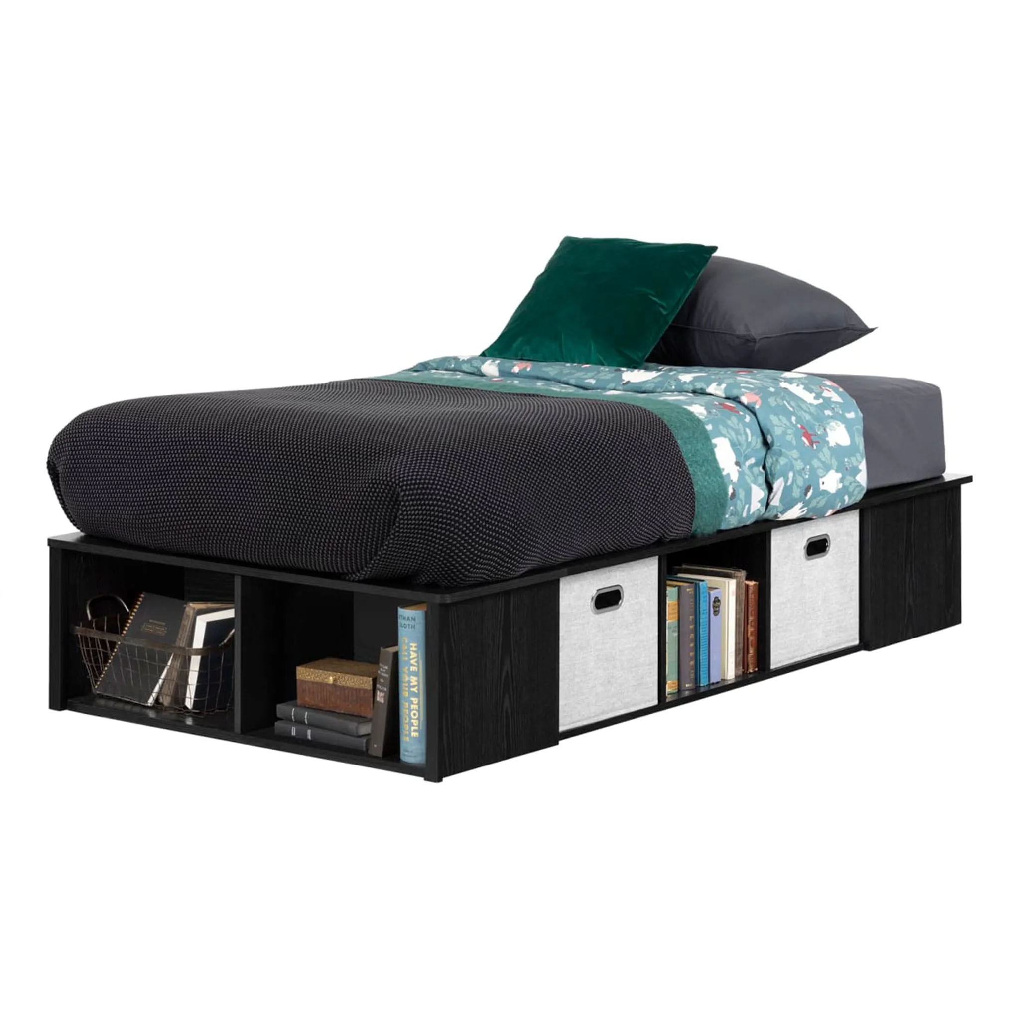 South Shore Lit Simple Plateforme avec Paniers Flexible - Chêne Noir