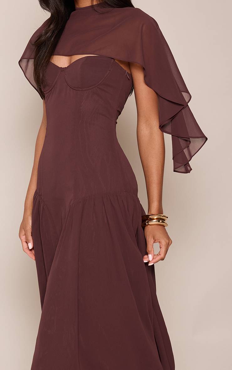 Chocolat Robe Mi-longue Patineuse Bustier À Détail Cape En Mousseline