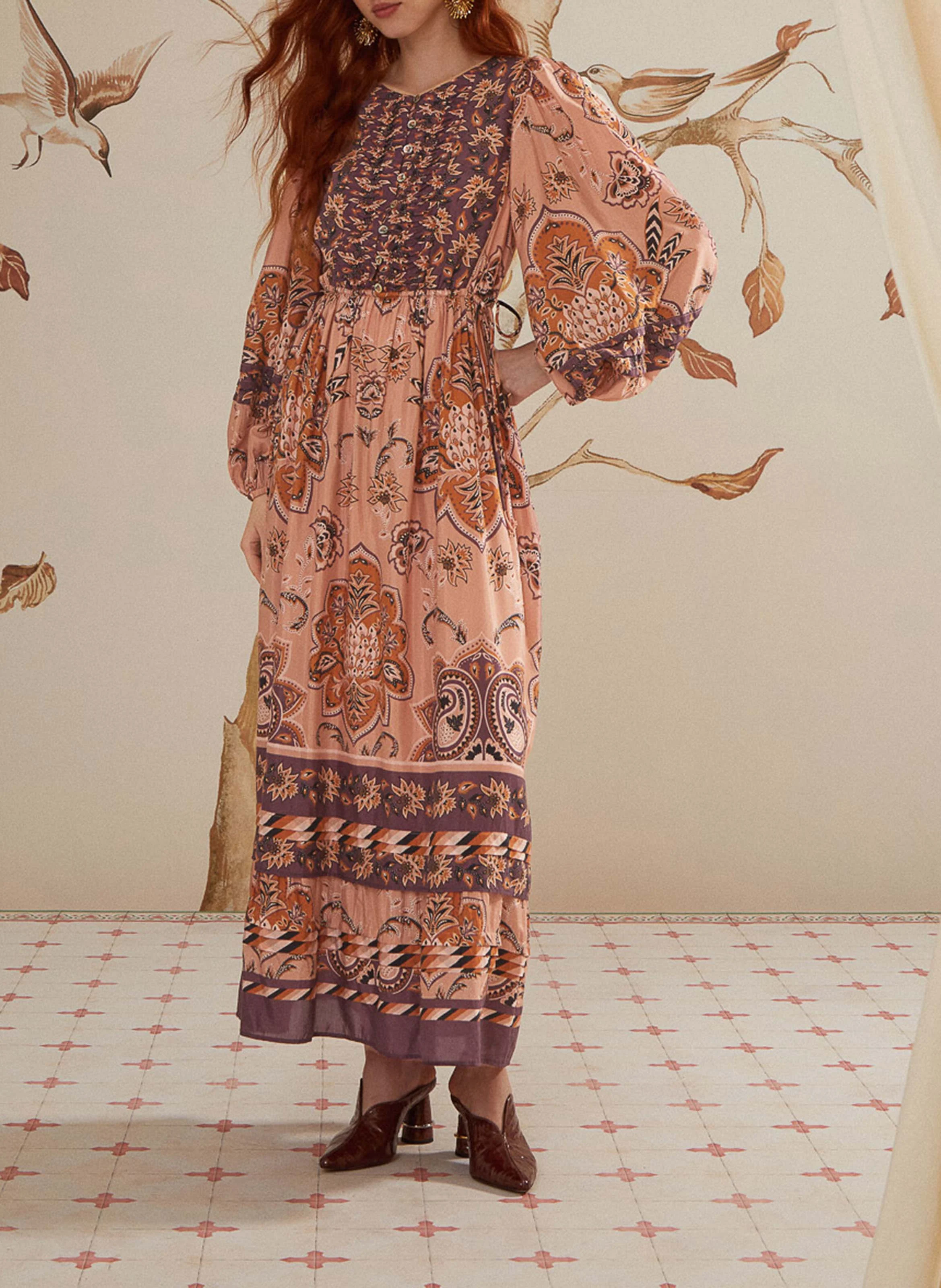 Robe longue en coton mélangé imprimée | Multicolore