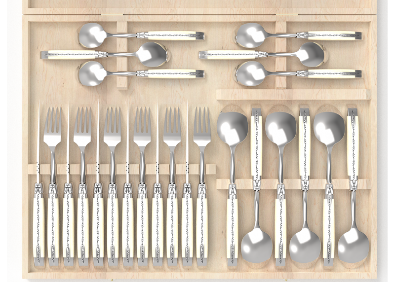 Service Laguiole de 24 pièces avec un manche en os de bovin et mitres en acier inoxydable