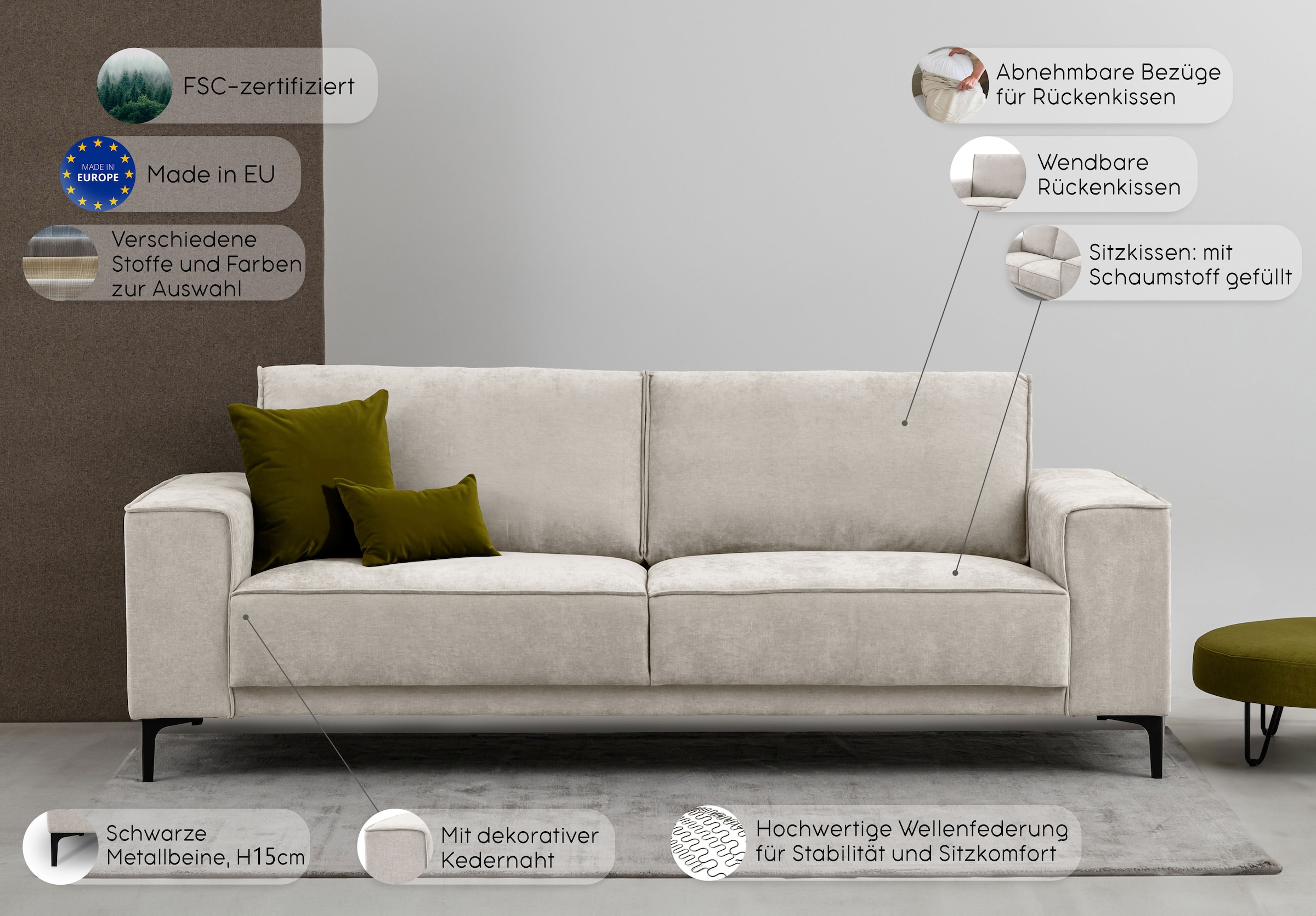 GOODproduct 3-Sitzer »3er Sofa Oland, Struktur, Flachgewebe, Luxus-Microfaser, Boucle« 224 cm, Wellenunterfederung, Skandi-Design, Metallfüsse