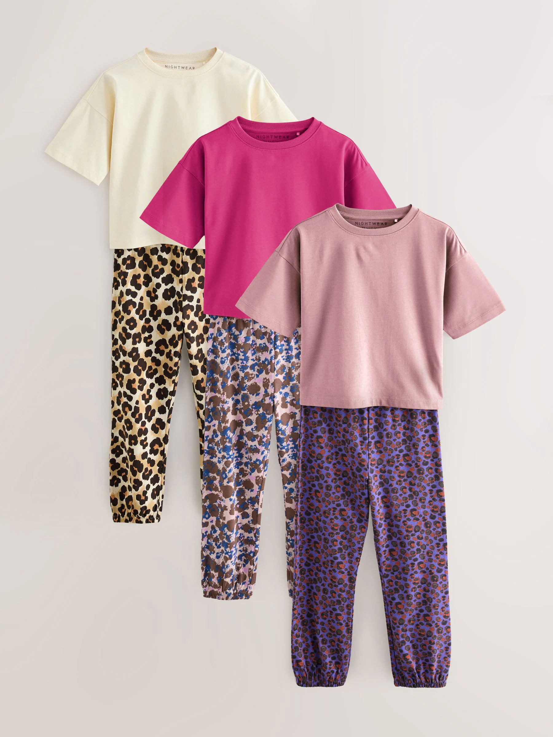 Plum/Bruin - Verpakking van 3 pyjama's met joggingbroek met dierenprint (3-16jr)