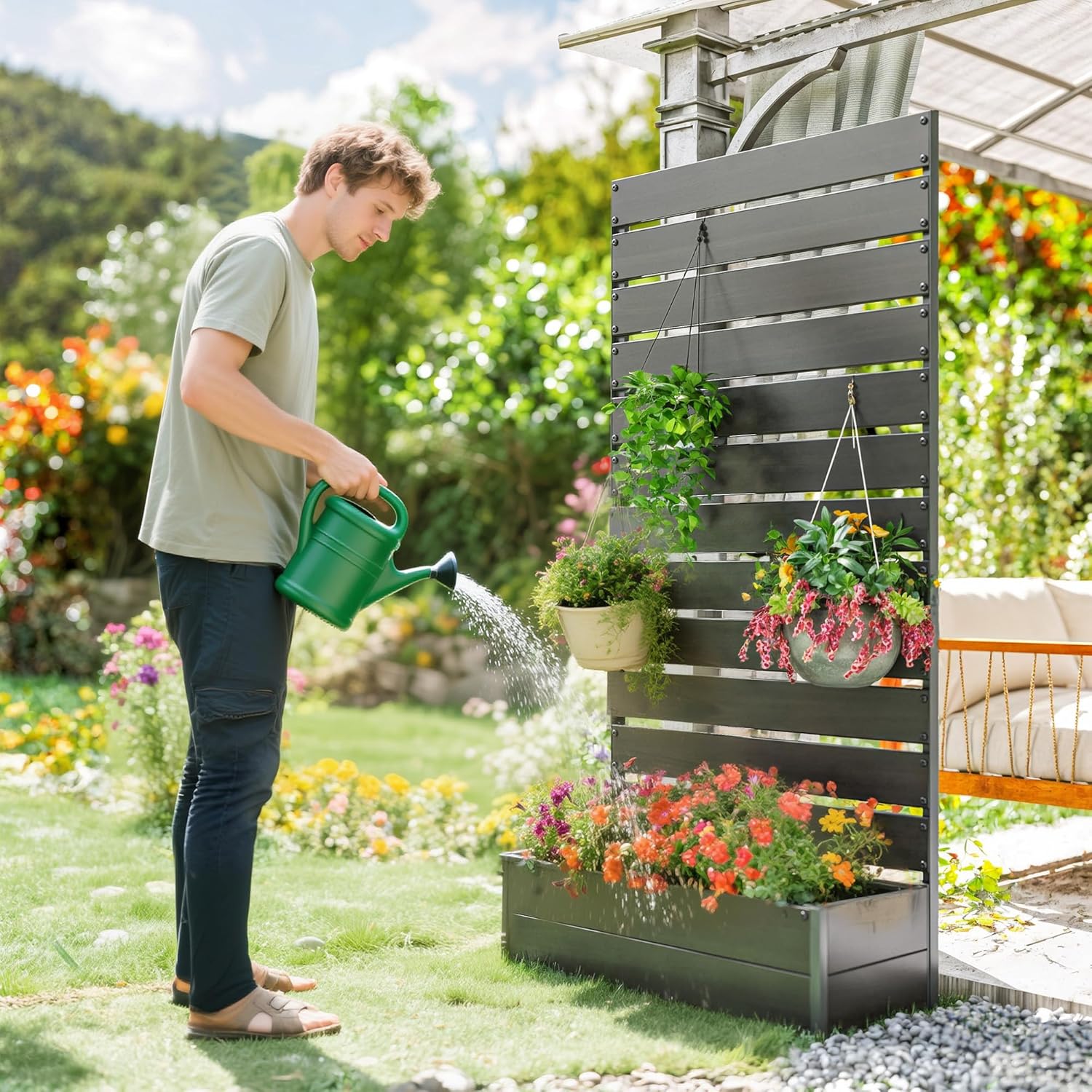 Outsunny Blumenkasten mit Rankgitter, Gartenhochbett, Outdoor-Blumenkasten für Kletterpflanzen, rechteckiger Blumenkasten Pflanzentopf für Balkon Terrasse Patio, 90,5x38x180 cm, schwarz