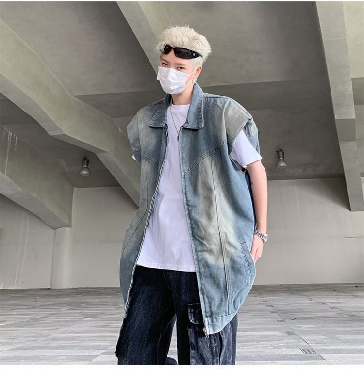 Hushgrain - Gewassen denim vest met kraag en rits