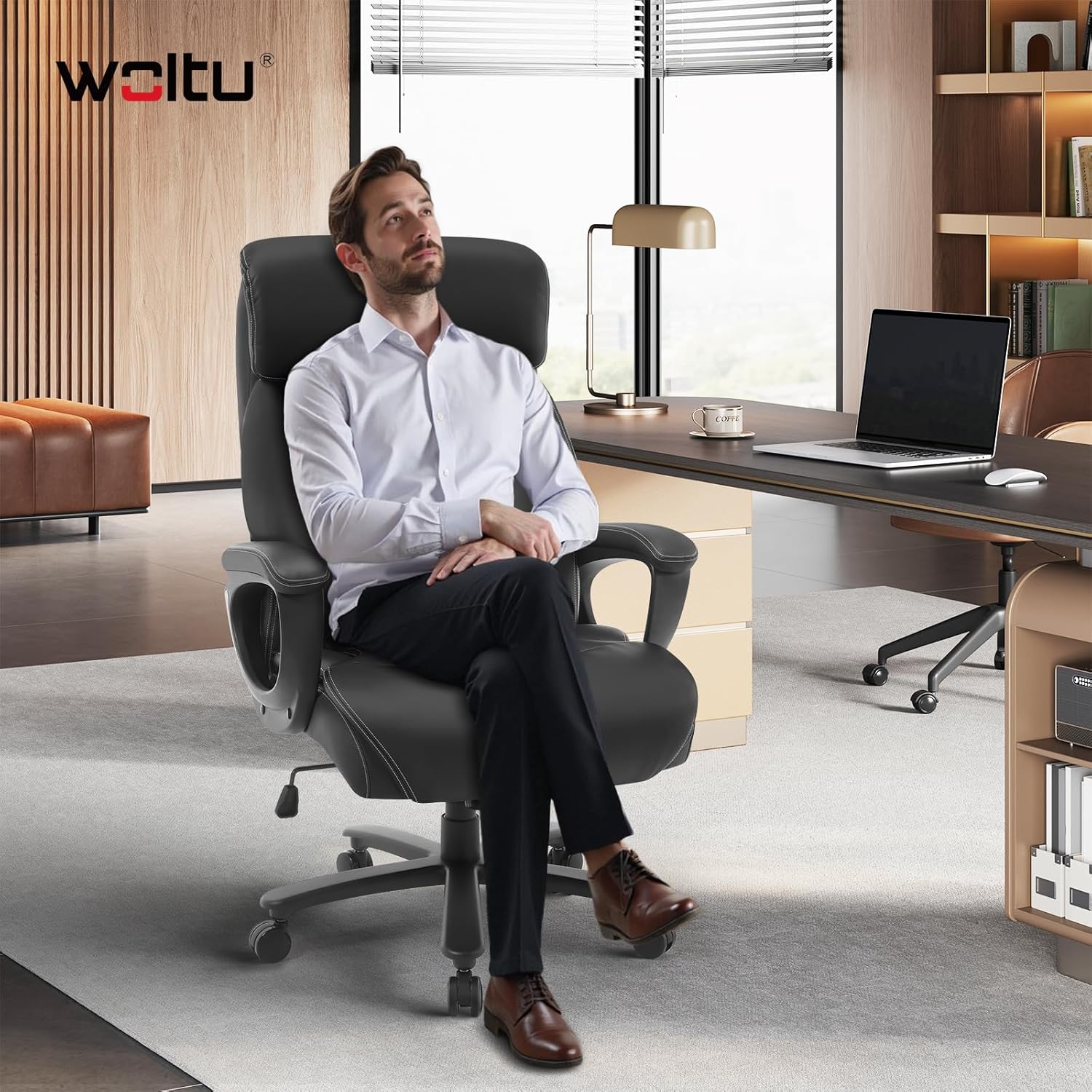 WOLTU Bürostuhl Chefsessel 150 kg, Ergonomischer Großer Computer Schreibtischstuhl, Bürosessel mit Kopfstütze for Büro, Gaming-Raum oder Konferenzraum, Kunstleder, Schwarz