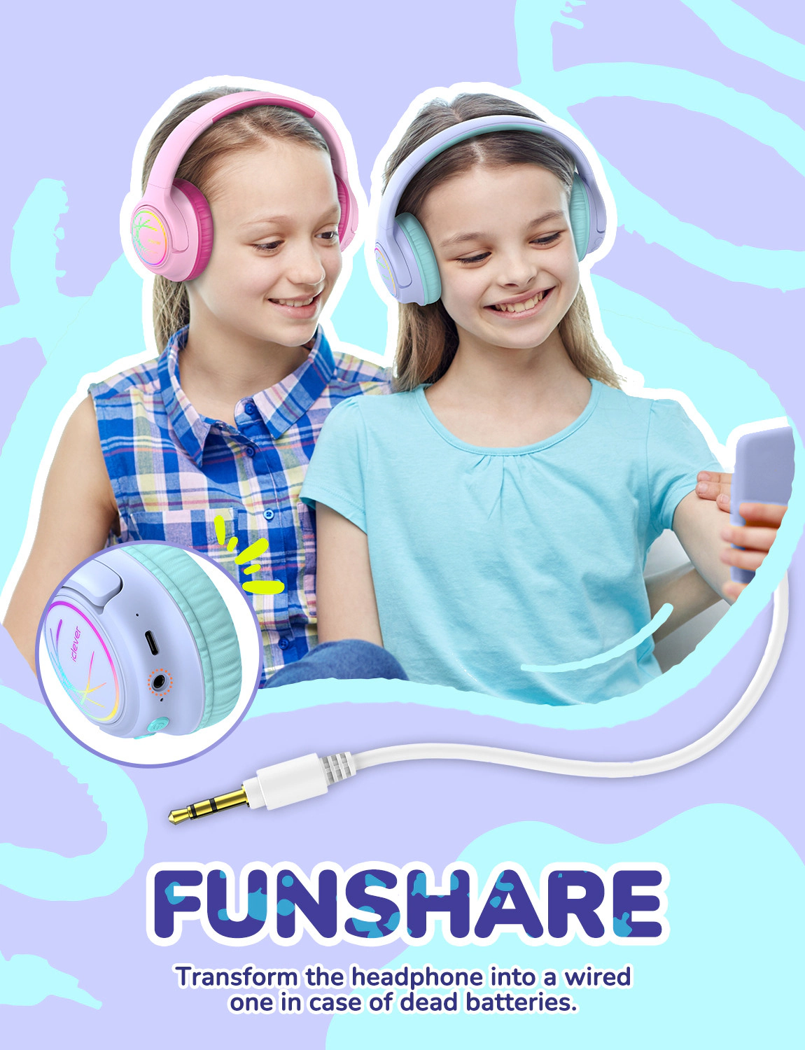 LED Kinder Bluetooth On-Ear Kopfhörer Wireless Headset 74/85/94dB Begrenzte Lautstärke (C10-2083N-01) - Blau
