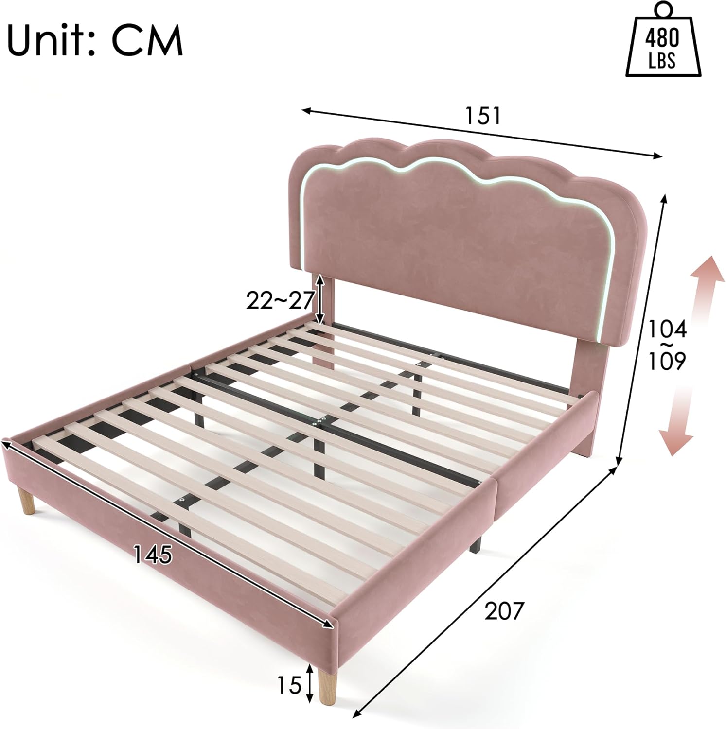 Merax Kinderbett Polsterbett 140x200cm, Doppelbett Bettgestell mit Lattenrost & Verstellbares Kopfteil, süßes Jugendbett mit LED-Kopfteil in Puff-Form, Bettrahmen, Leinenmaterial, ohne Matratze, Rosa