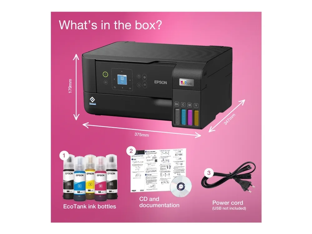 Epson EcoTank ET-2840 - Multifunktionsprinter - farve - blækprinter - ITS - A4 (medie) - op til 15 spm (udskriver) - 100 ark - Wi-Fi, USB - sort