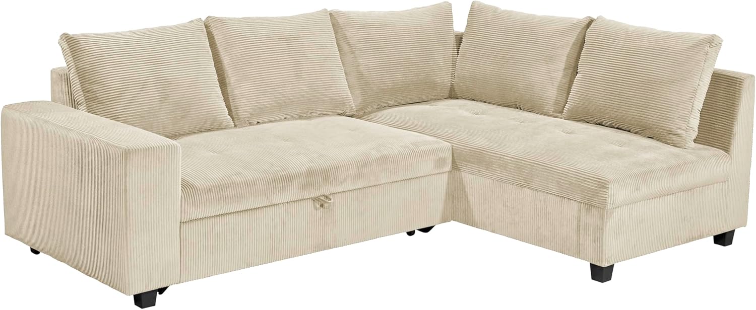 Ecksofa L-Form aus Cordstoff mit Schlaffunktion, beige (Cream) – Liegefläche 147 × 207 cm, Breite 243 cm, Sitzhöhe 45 cm, Modell MIRA