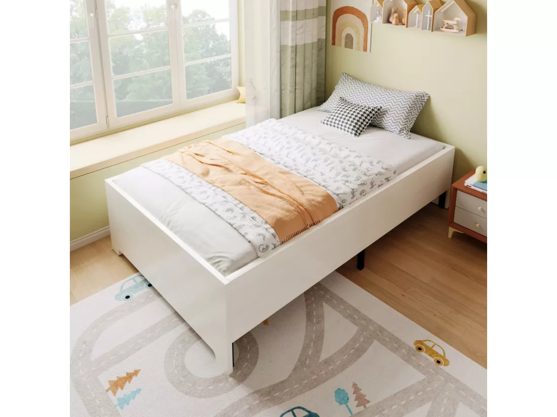 Cadre de lit 90×200cm, avec cadre à latte, conception non glissante, charge max 181kg, Blanc