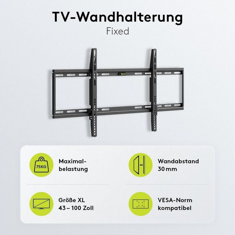 Tv muurbeugel voor 43-100 inch schermen - Basic - Vast - Tot 75kg - Zwart