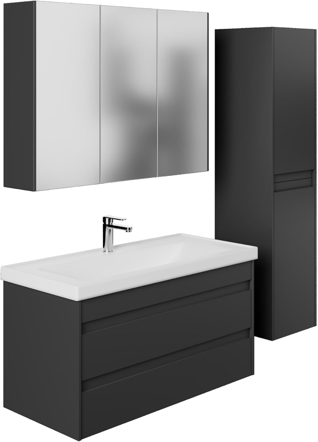Badezimmermöbel Set Lara 100 Anthrazit | Keramikwaschbecken | Unterschrank | Spiegelschrank | Softclose-Schubladen & -Türen & unsichtbare Griffe | Moderner Stil | Badmöbel Waschtisch