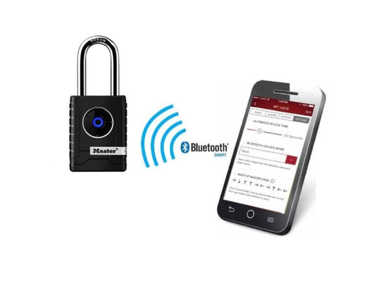 Masterlock Vorhängeschloss Bluetooth Schwarz/Silber Robustes 56 mm Bluetooth-Vorhängeschloss für Verbindung mit Smartphone