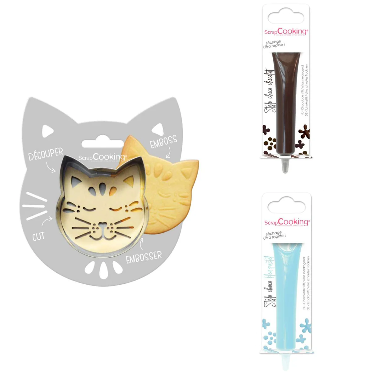 Kit pour biscuit en relief Chat + 2 Stylos au chocolat marron et bleu