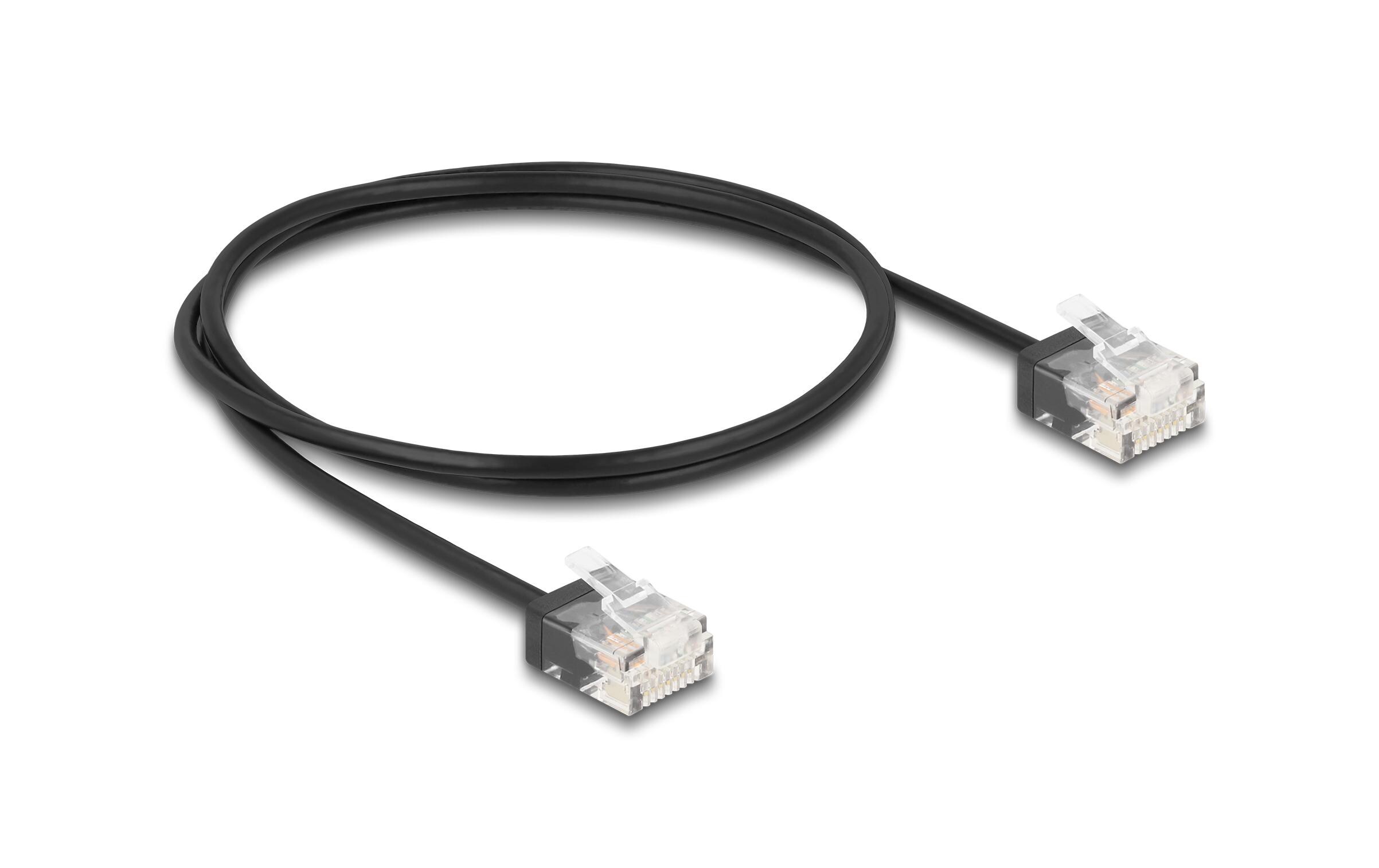 Patchkabel Cat 6, UTP, 1 m, SchwarzDelock RJ45 Netzwerkkabel Cat.6 UTP Ultra Slim 1 m schwarz mit kurzen Steckern