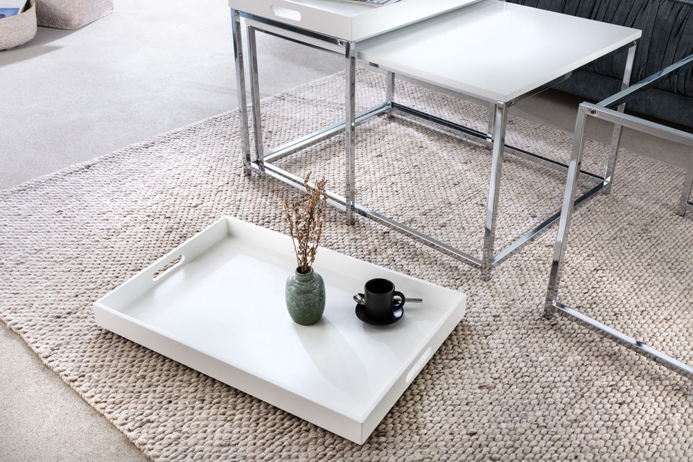 Modernes Couchtisch 3er Set ELEMENTS 75cm weiß Chrom abnehmbares Tablett