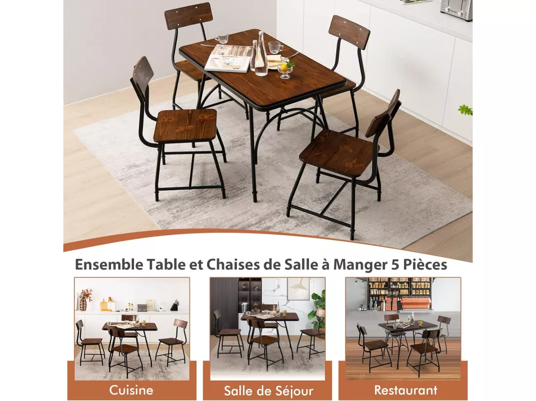 Ensemble de Table à Manger 5 Pièces, Table de Cuisine Rectangulaire et 4 Chaises pour 4 Personnes, avec Structure en Métal, pour Cuisine, Coin Repas, Restaurant, Marron (1 Table+4 Chaises)