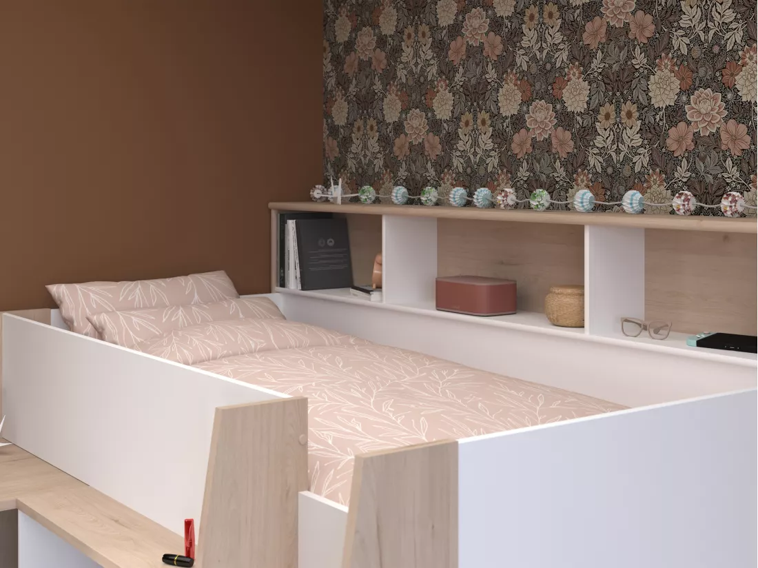 Lit combiné 90 x 200 cm avec bureau et rangements - Blanc et naturel - APOLINO