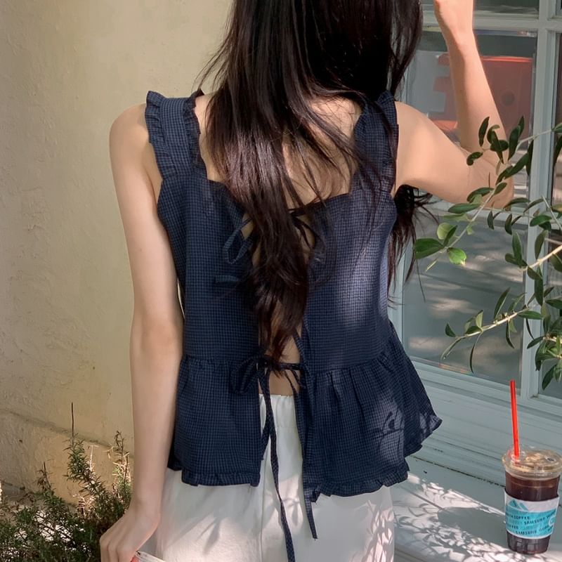 Moon City - Cami-top met ruches, strikbandjes en peplum-ruit