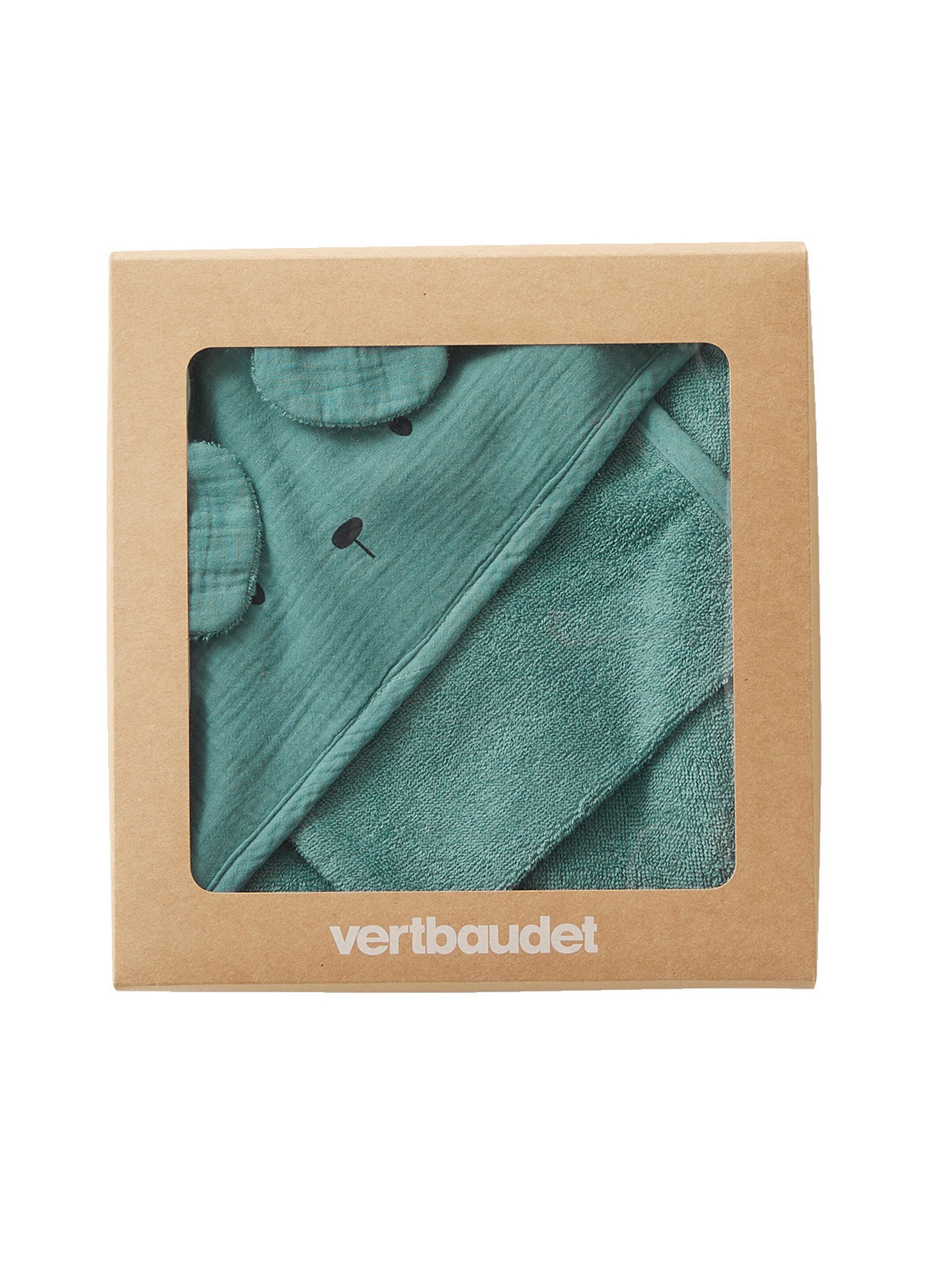 Vertbaudet Bio-Kollektion: Baby Kapuzenbadetuch & Waschhandschuh grün