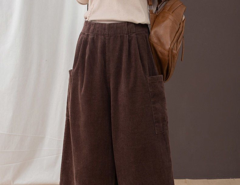 ZIMO - Elastische taille, effen fleecegevoerde corduroy broek met wijde pijpen
