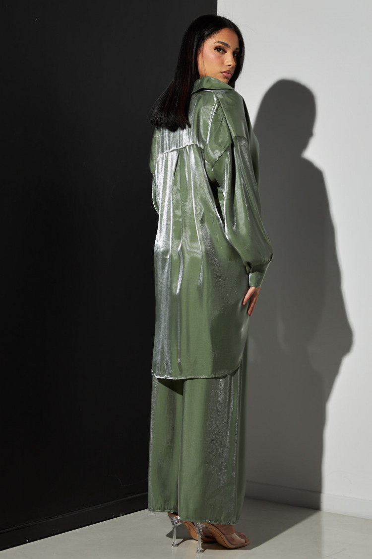 Ensemble 2 pièces chemise + pantalon satiné vert