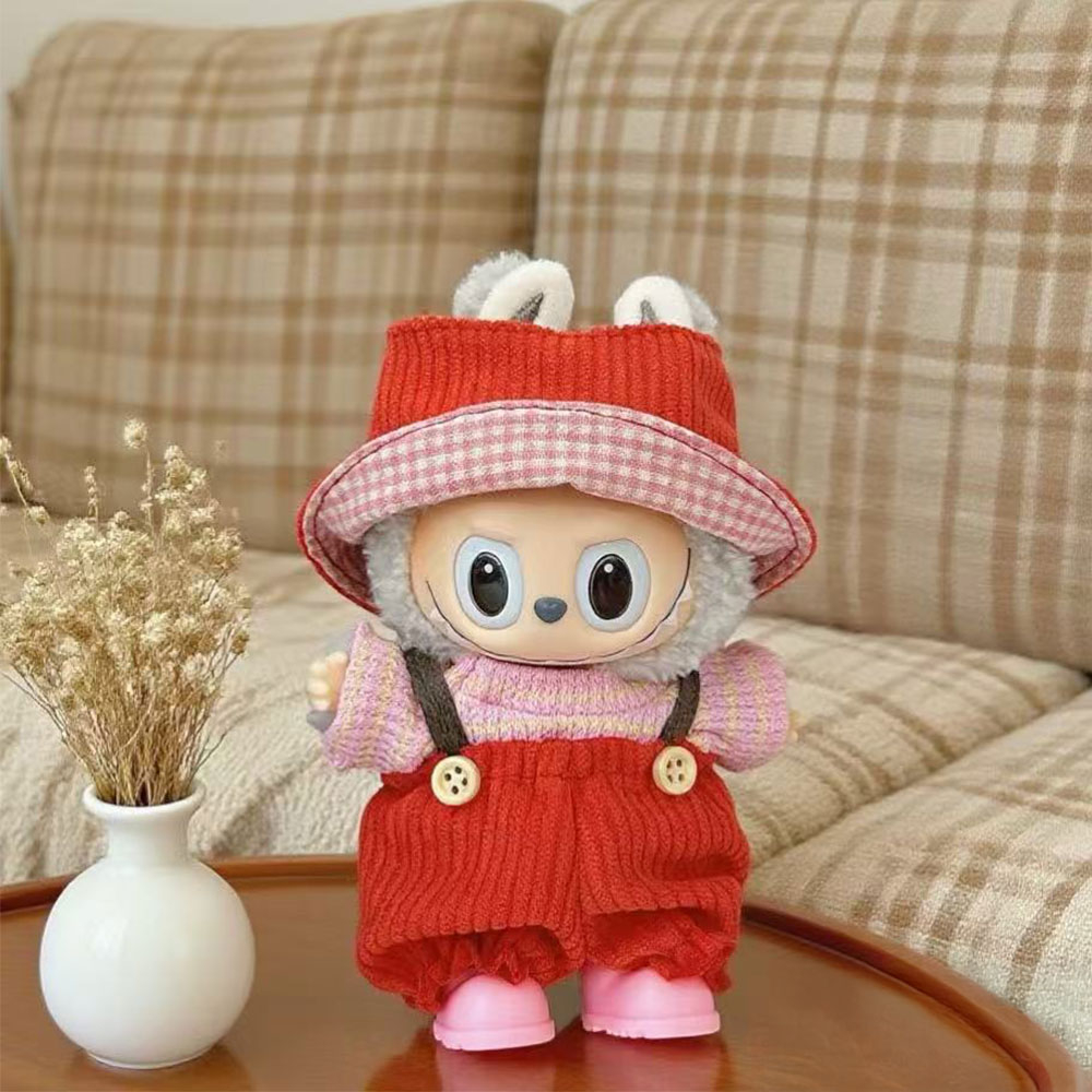 (3-tlg. Set) Monsterhäschen Cord Overall Puppen Zubehör Latzhose Verkleidungs Accessoire mit Knöpfe inkl. T-Shirt / Hut - Rot / Rosa