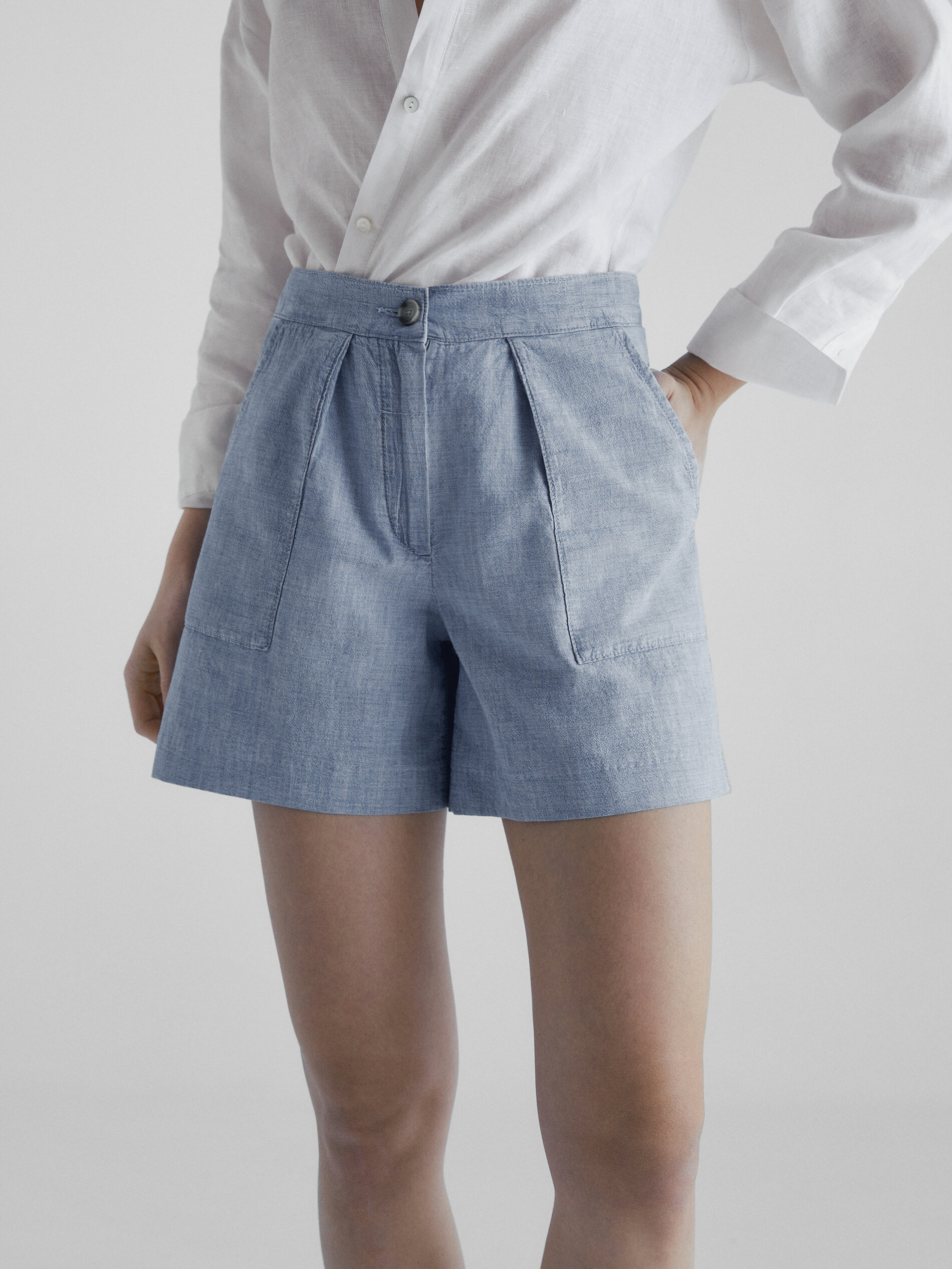 Bermuda jeans de algodão com elastano na cintura - Azul Claro