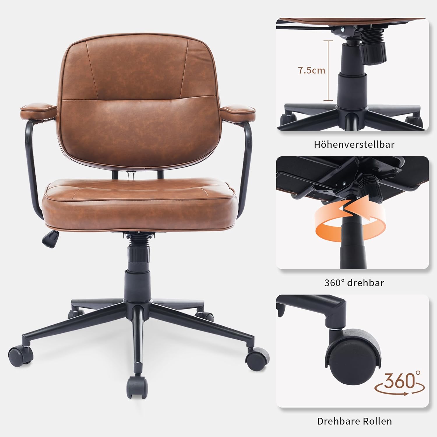 Bürostuhl mit Wippfunktion, PU-Leder Drehstuhl im modernen Retro-Stil, Höhenverstellbarer Schreibtischstuhl für Home Office, Liebhaber des Retro-Stils (Dunkelbraun)